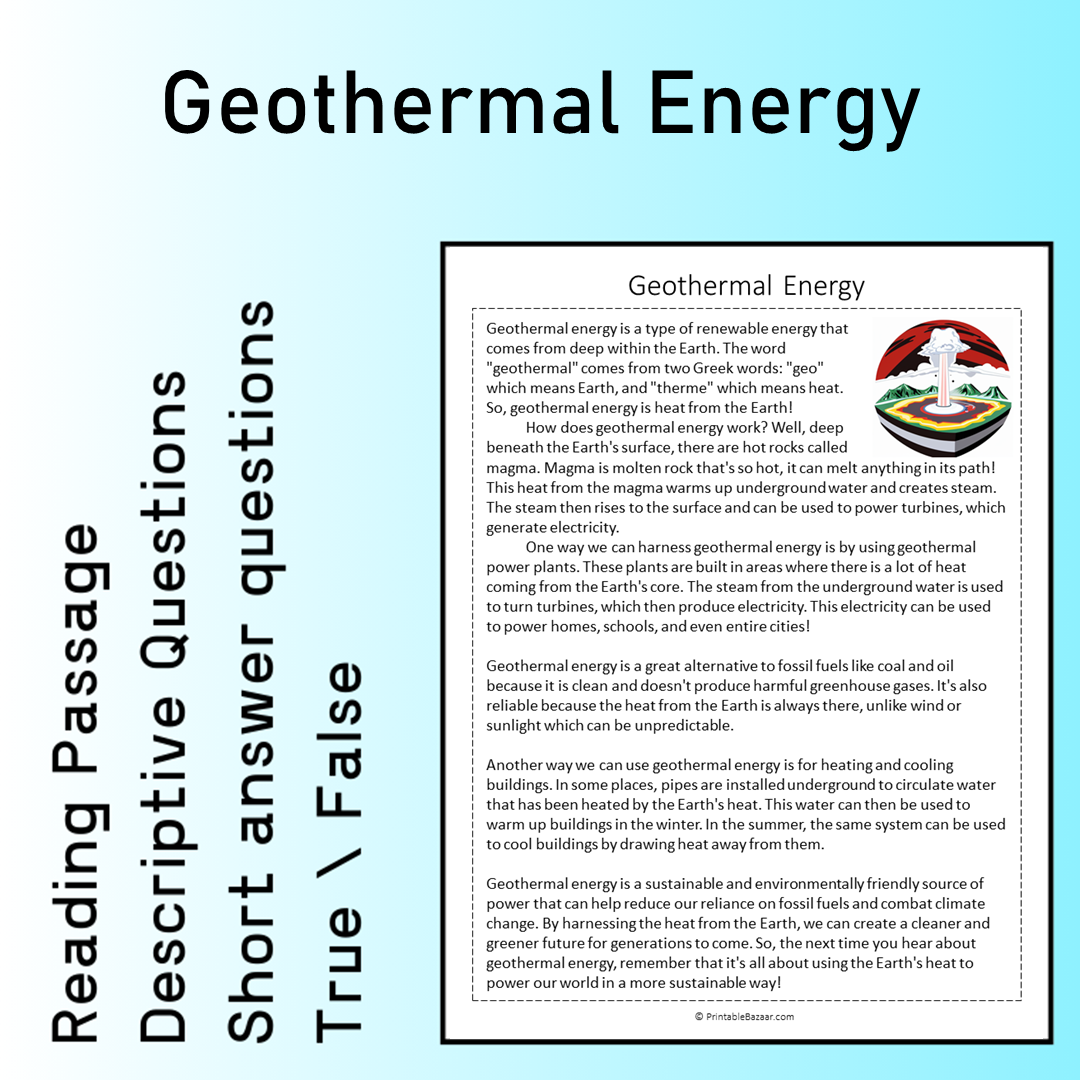 Geothermal Energy | Reading Comprehension Passage Printable Worksheet