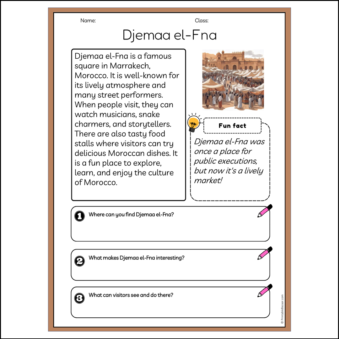 Djemaa el-Fna | Reading Passage Comprehension Questions Writing Facts Worksheet