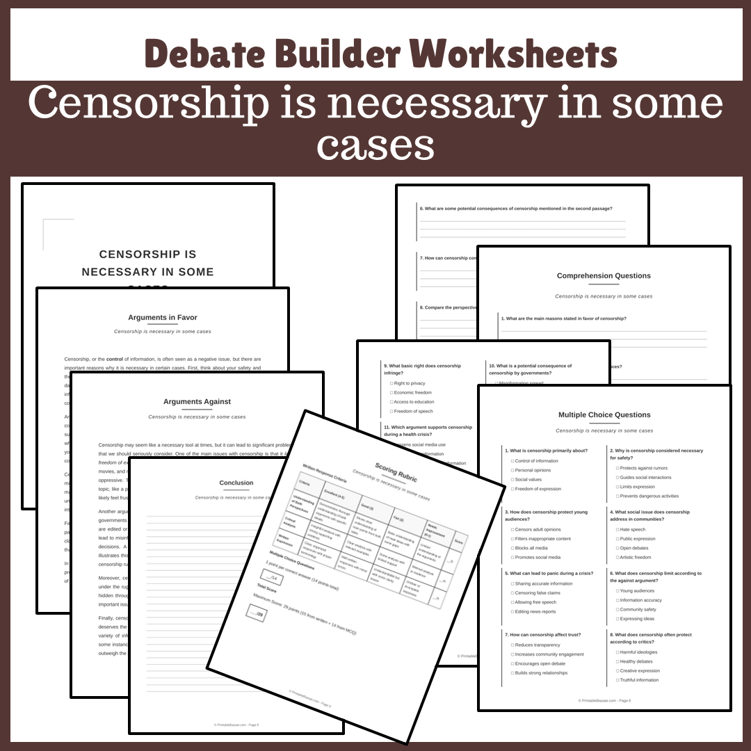 Censorship is necessary in some cases | Favour and Against Worksheet Printable Activity