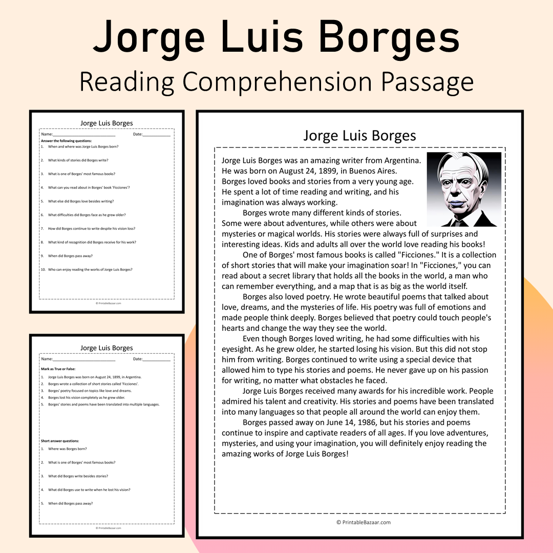 Jorge Luis Borges | Reading Comprehension Passage Printable Activity