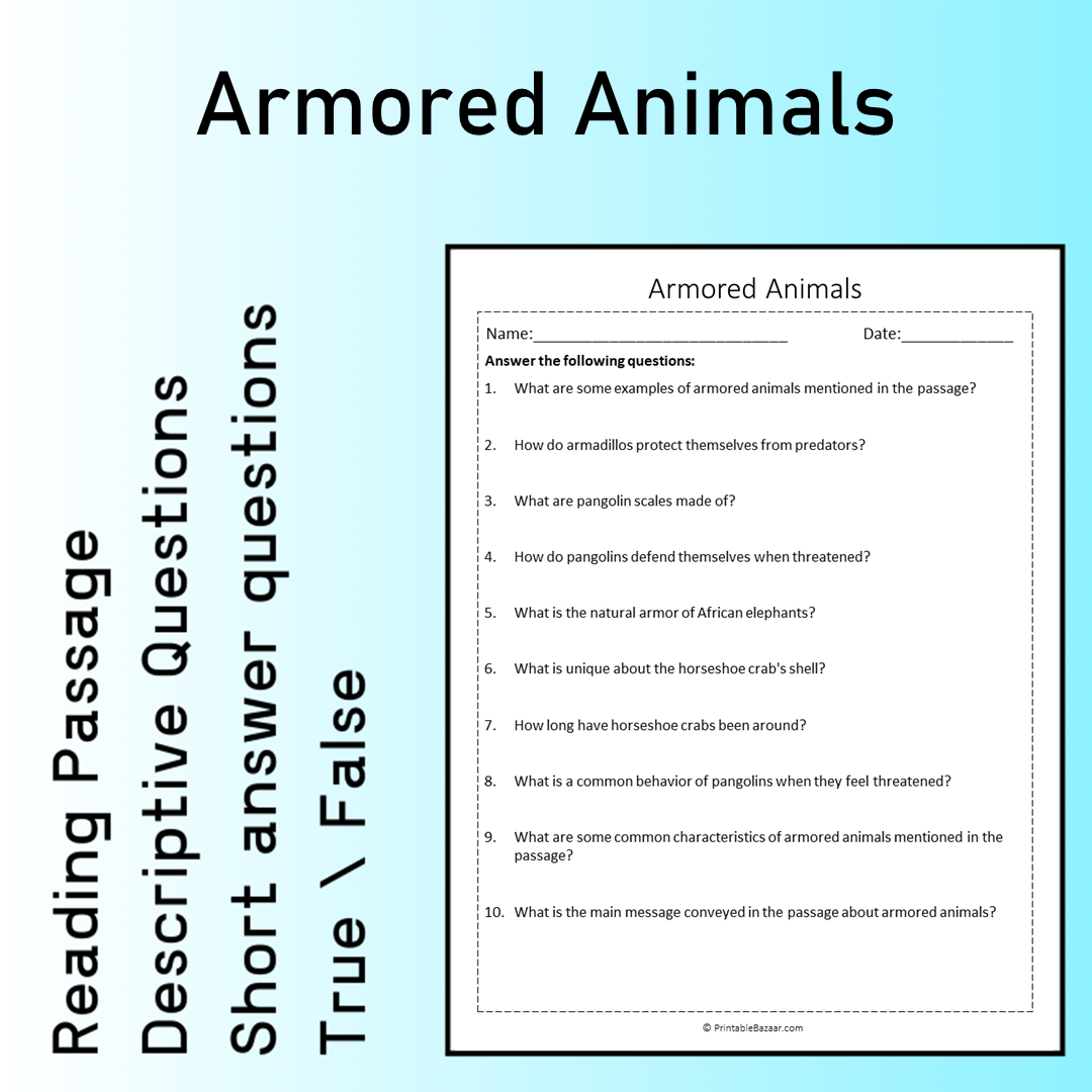 Armored Animals | Reading Comprehension Passage Printable Worksheet