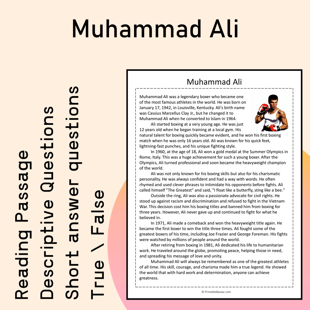 Muhammad Ali | Reading Comprehension Passage Printable Activity