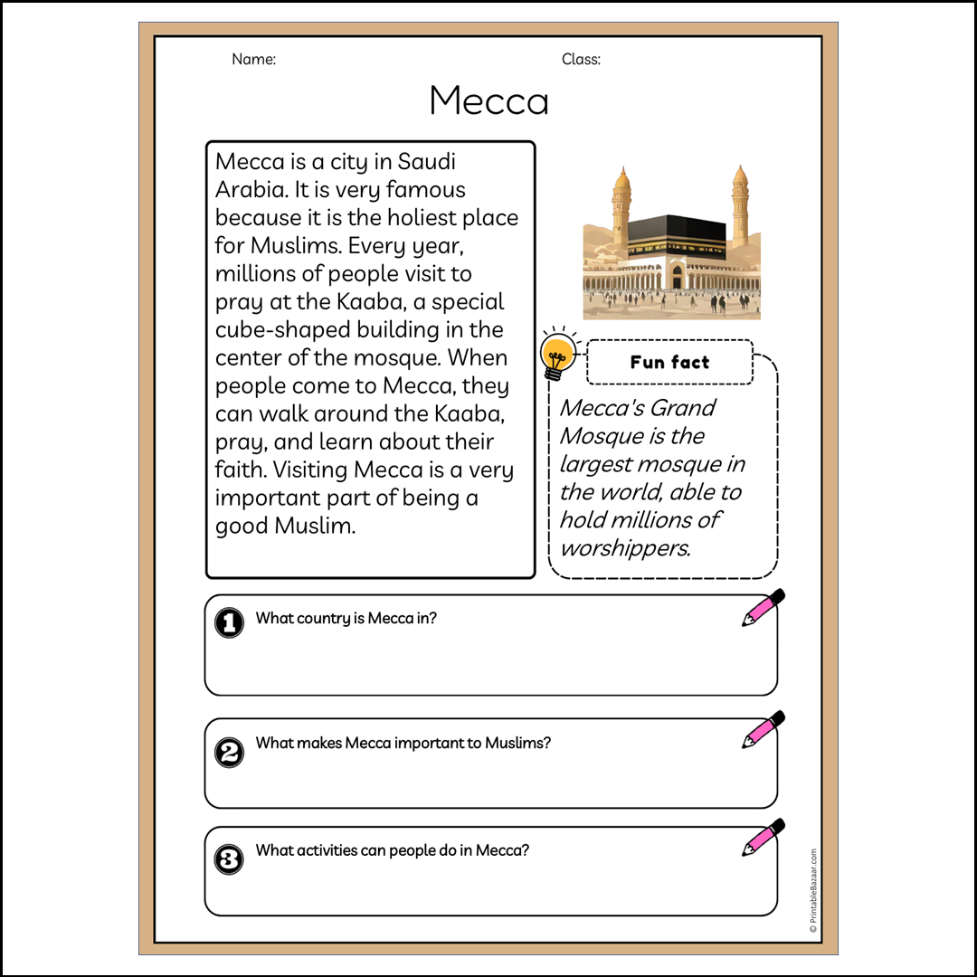 Mecca | Reading Passage Comprehension Questions Writing Facts Worksheet