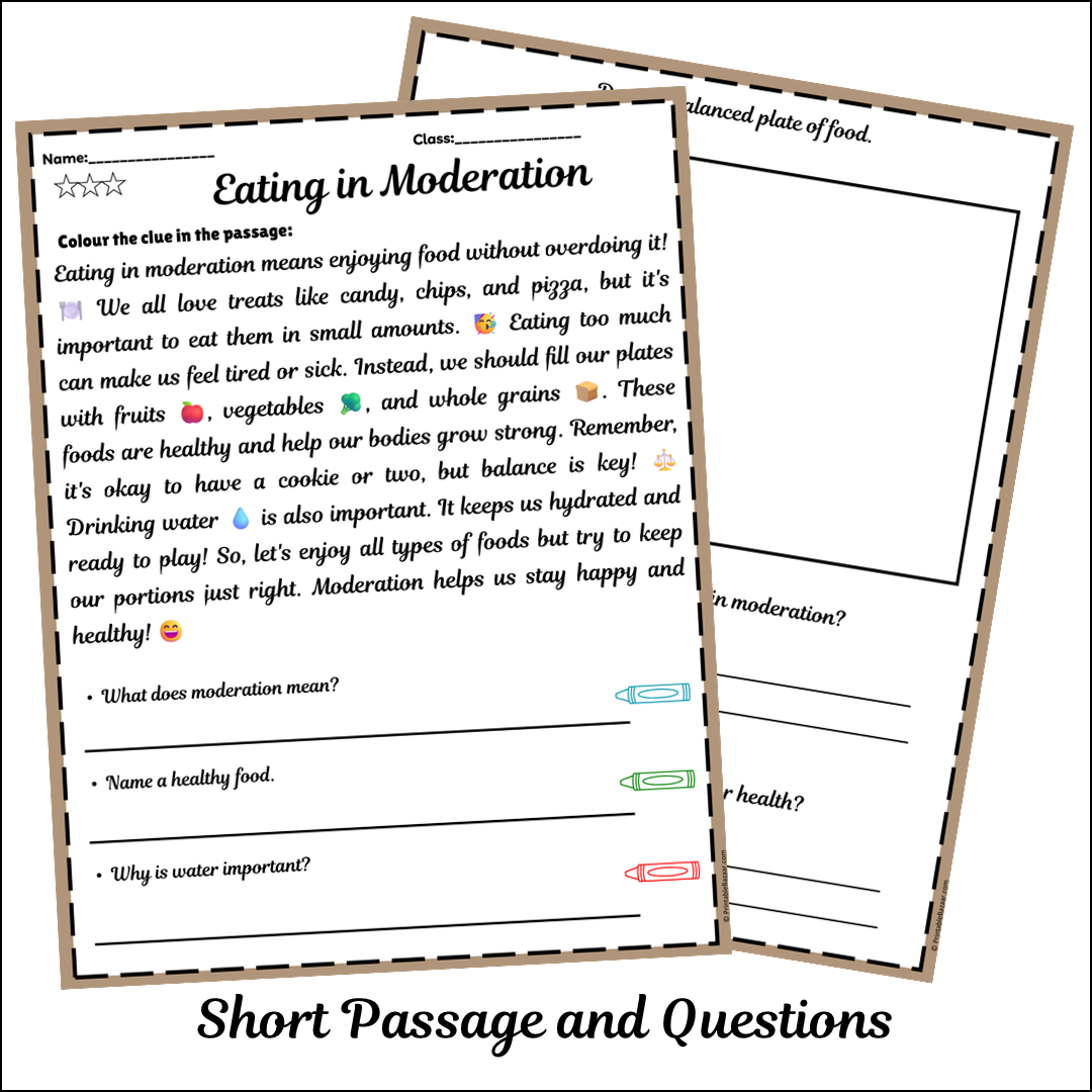 Eating in Moderation | Short Reading Comprehension Creative Worksheet