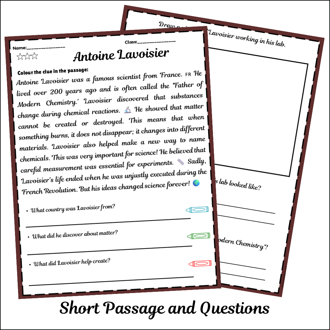 Antoine Lavoisier | Short Reading Comprehension Creative Worksheet