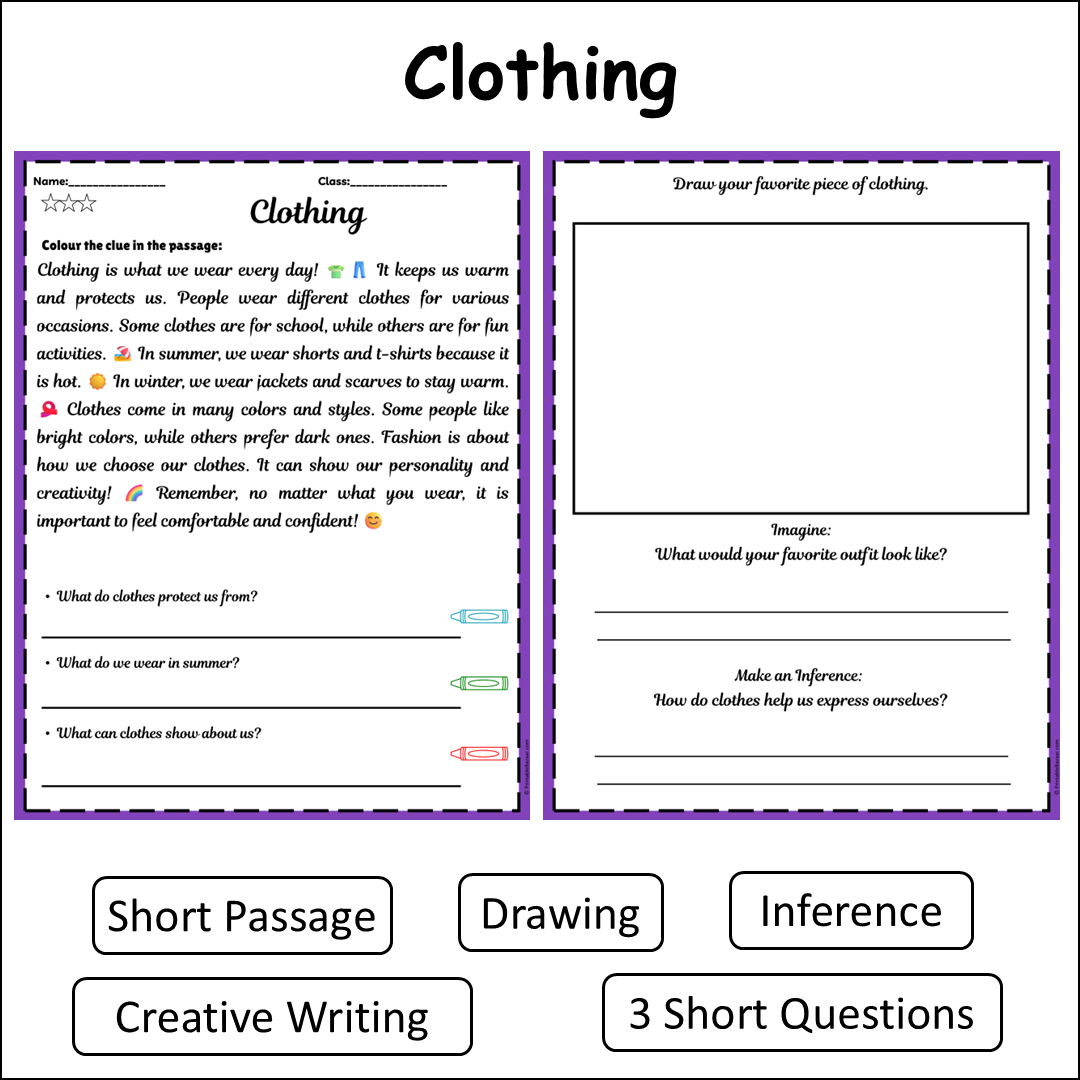 Clothing | Short Reading Comprehension Creative Worksheet
