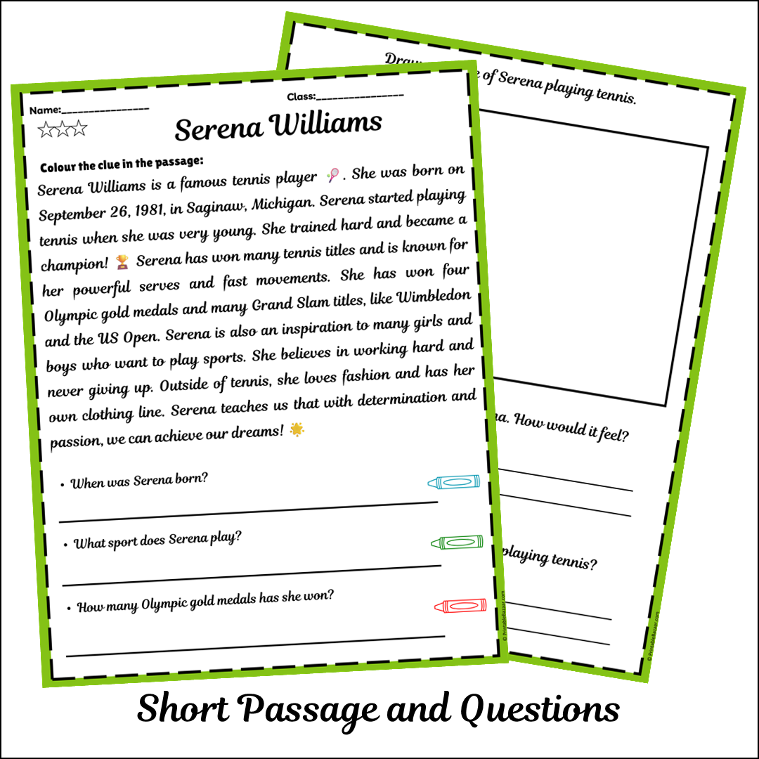 Serena Williams | Short Reading Comprehension Creative Worksheet