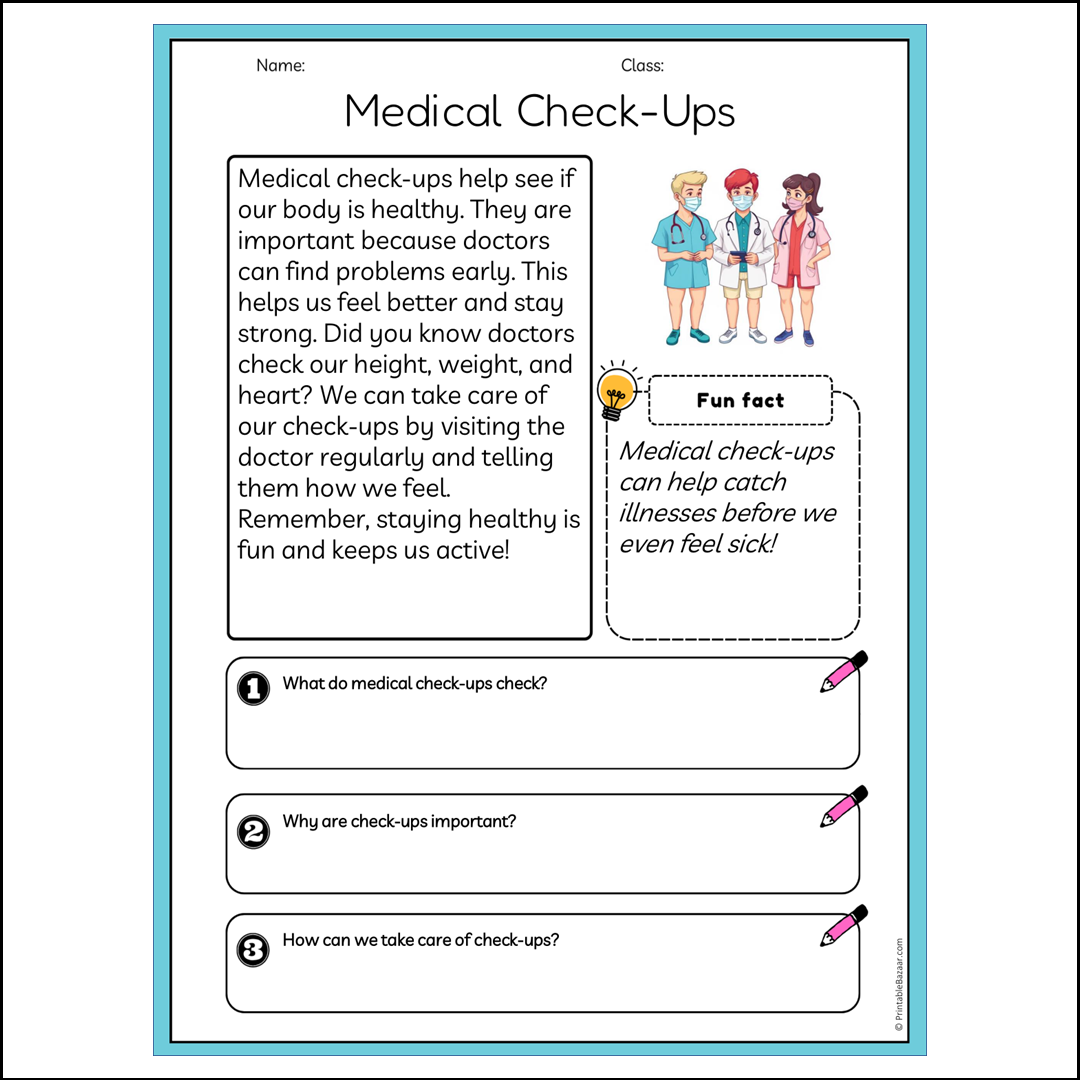 Medical Check-Ups | Reading Passage Comprehension Questions Writing Facts Worksheet