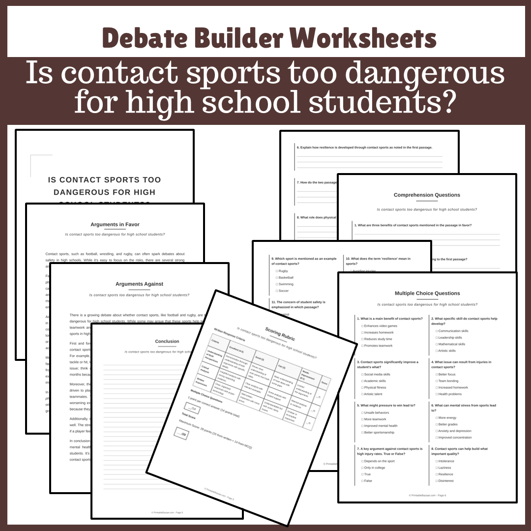 Is contact sports too dangerous for high school students? | Favour and Against Worksheet Printable Activity
