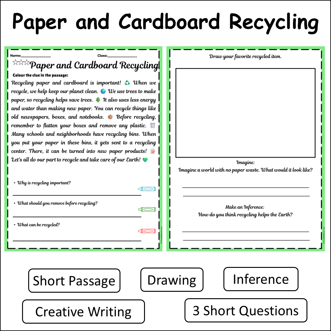 Paper and Cardboard Recycling | Short Reading Comprehension Creative Worksheet