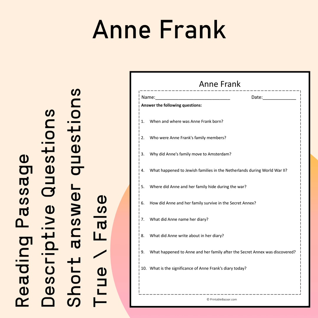 Anne Frank | Reading Comprehension Passage Printable Activity