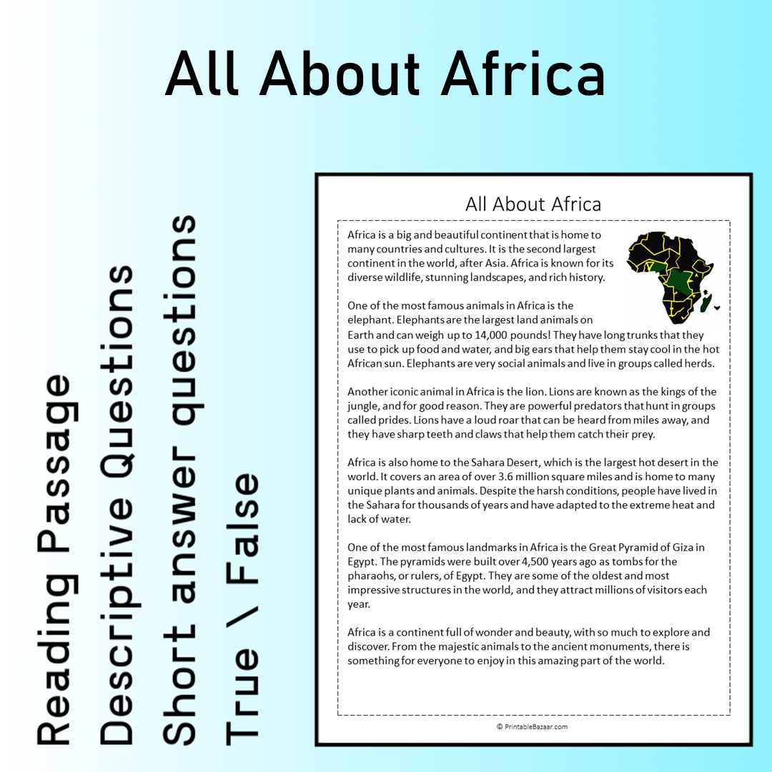All About Africa | Reading Comprehension Passage Printable Worksheet