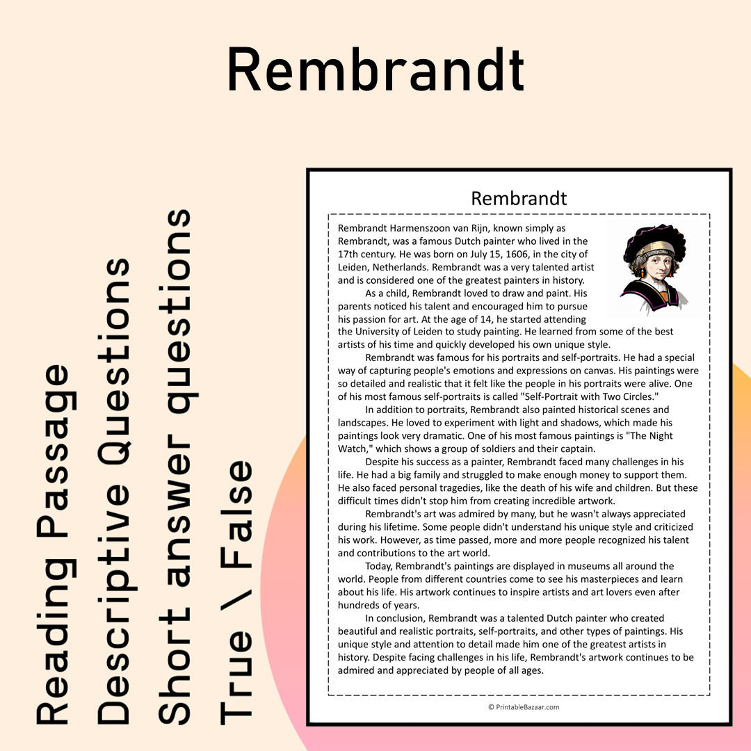 Rembrandt | Reading Comprehension Passage Printable Activity