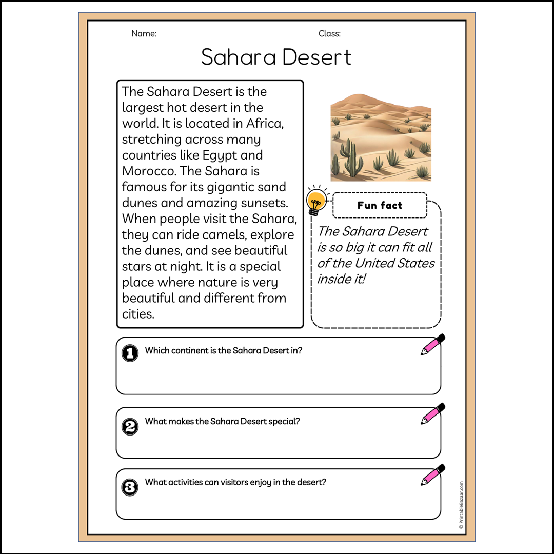 Sahara Desert | Reading Passage Comprehension Questions Writing Facts Worksheet