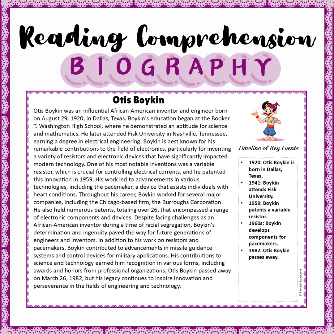 Otis Boykin | Biography Reading Comprehension and Questions Worksheet