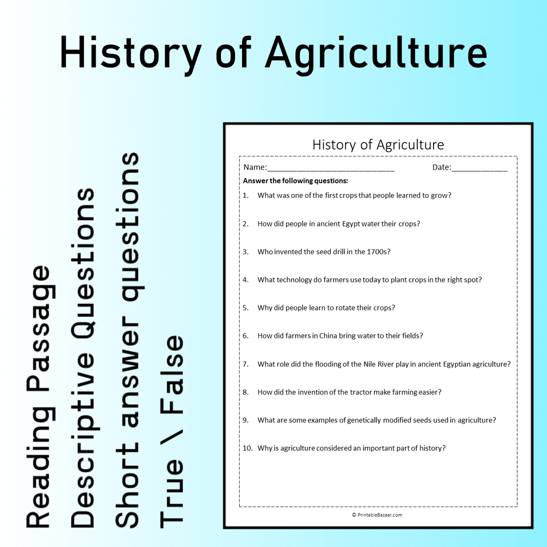 History of Agriculture | Reading Comprehension Passage Printable Worksheet