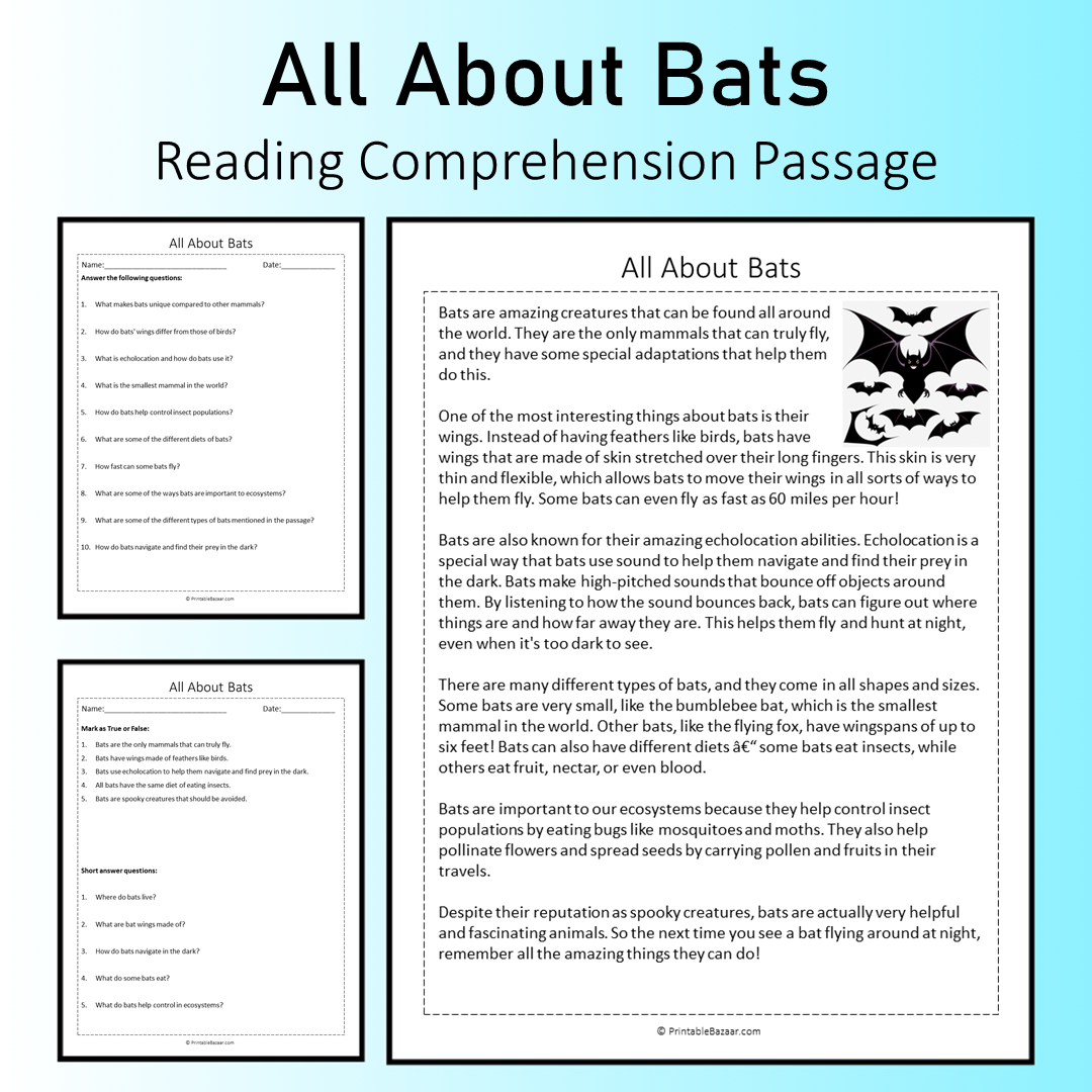 All About Bats | Reading Comprehension Passage Printable Worksheet
