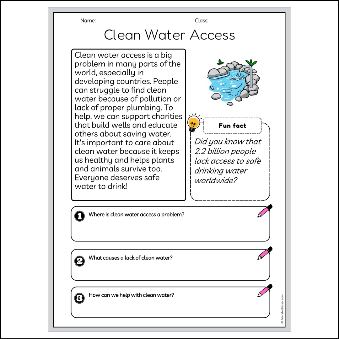 Clean Water Access | Reading Passage Comprehension Questions Writing Facts Worksheet