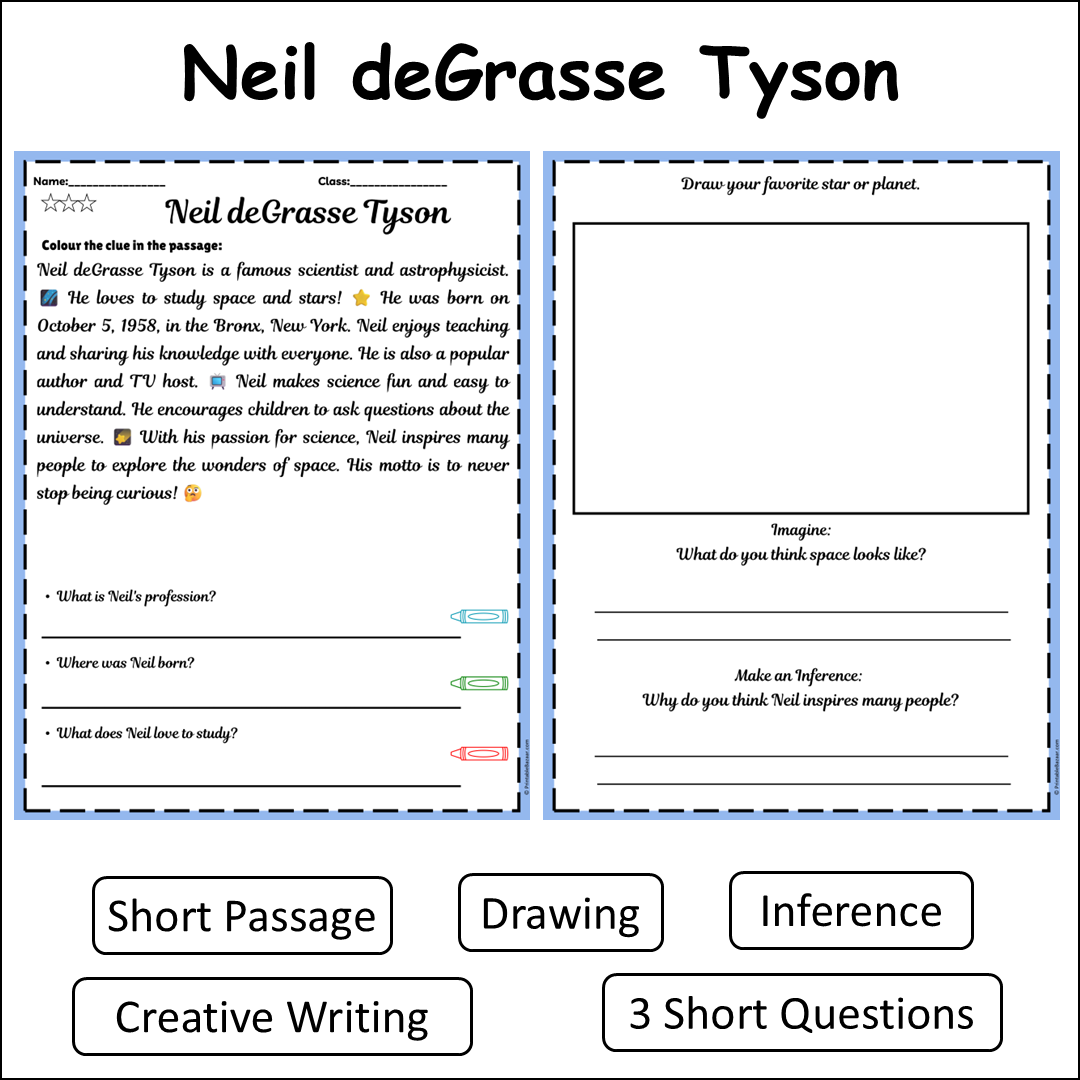 Neil deGrasse Tyson | Short Reading Comprehension Creative Worksheet