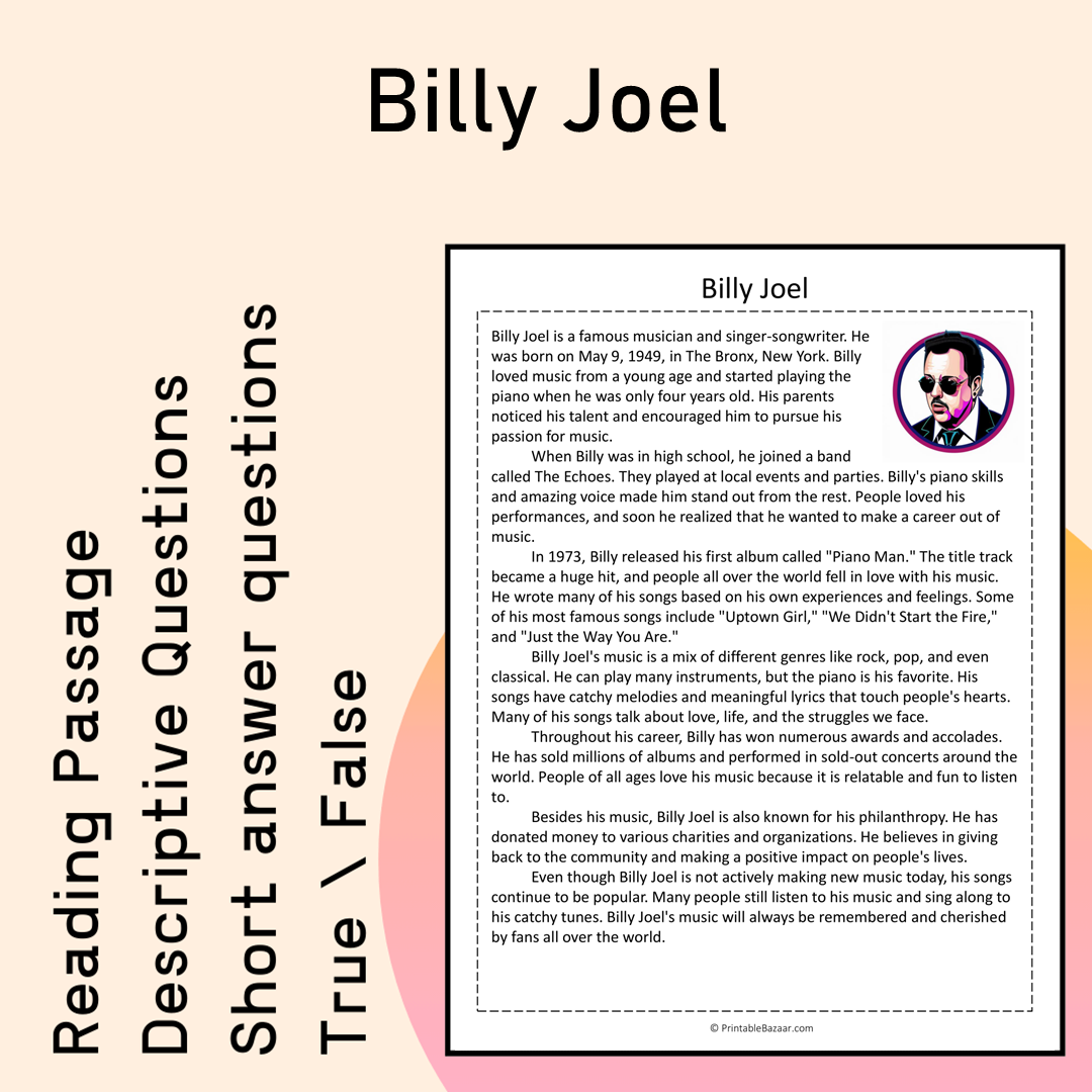 Billy Joel | Reading Comprehension Passage Printable Activity