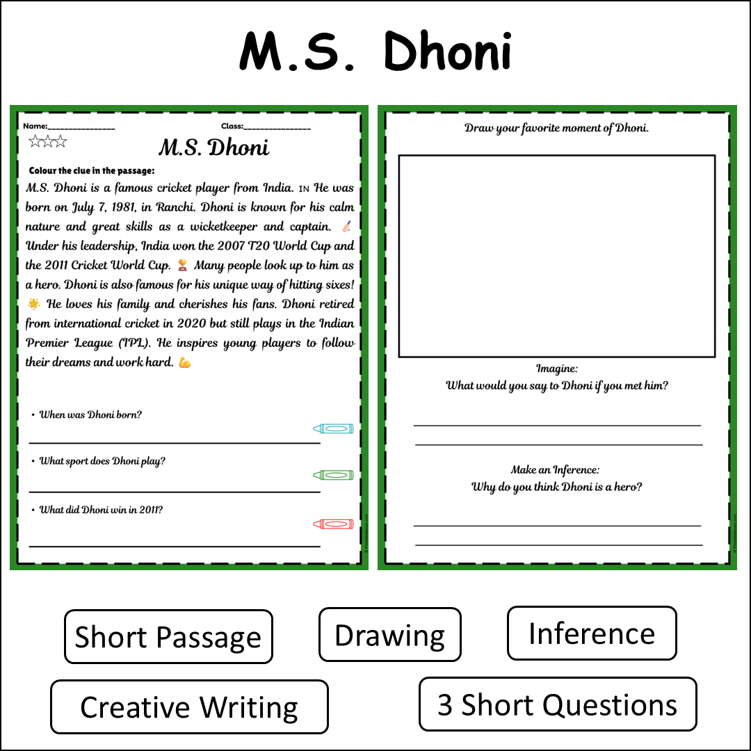 M.S. Dhoni | Short Reading Comprehension Creative Worksheet