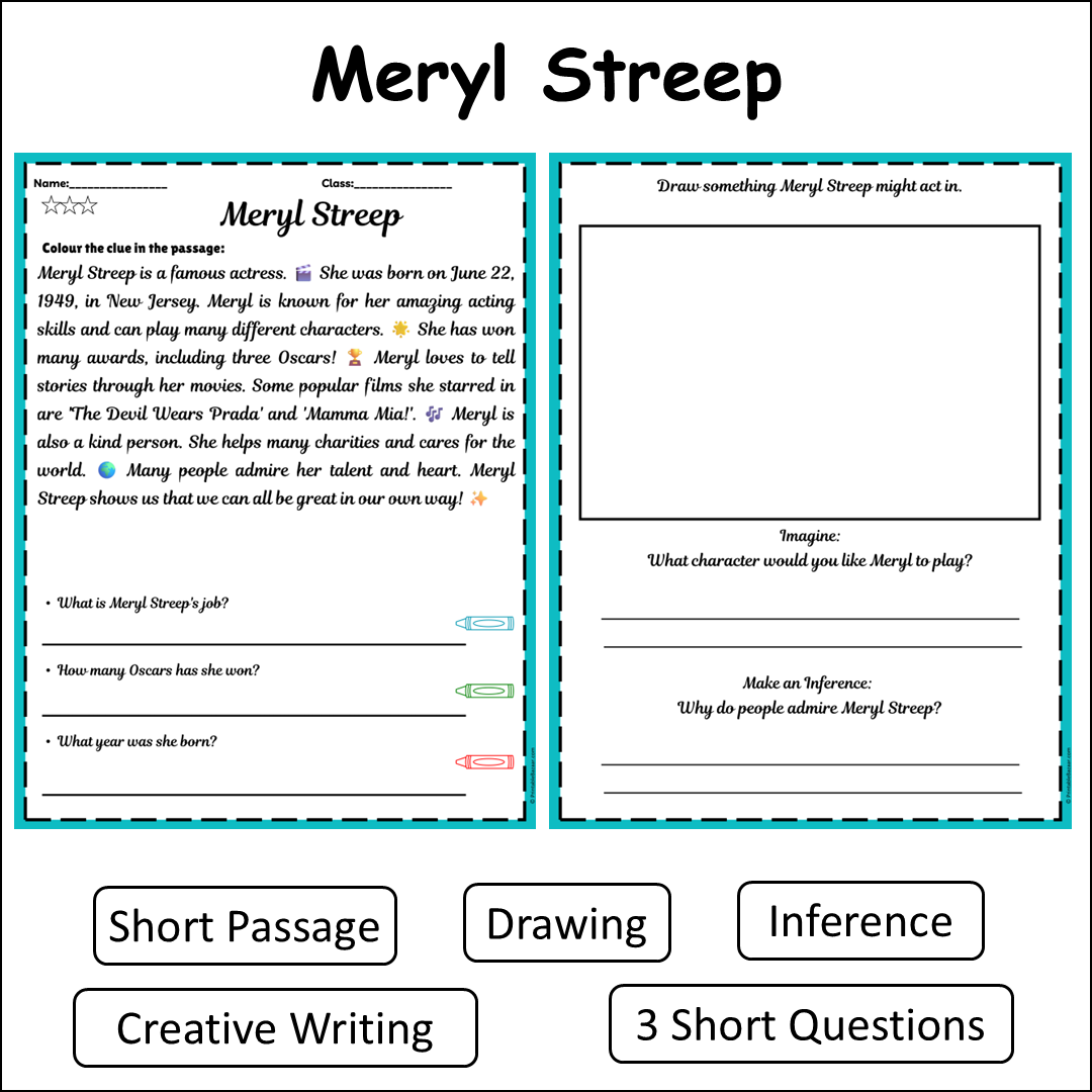 Meryl Streep | Short Reading Comprehension Creative Worksheet