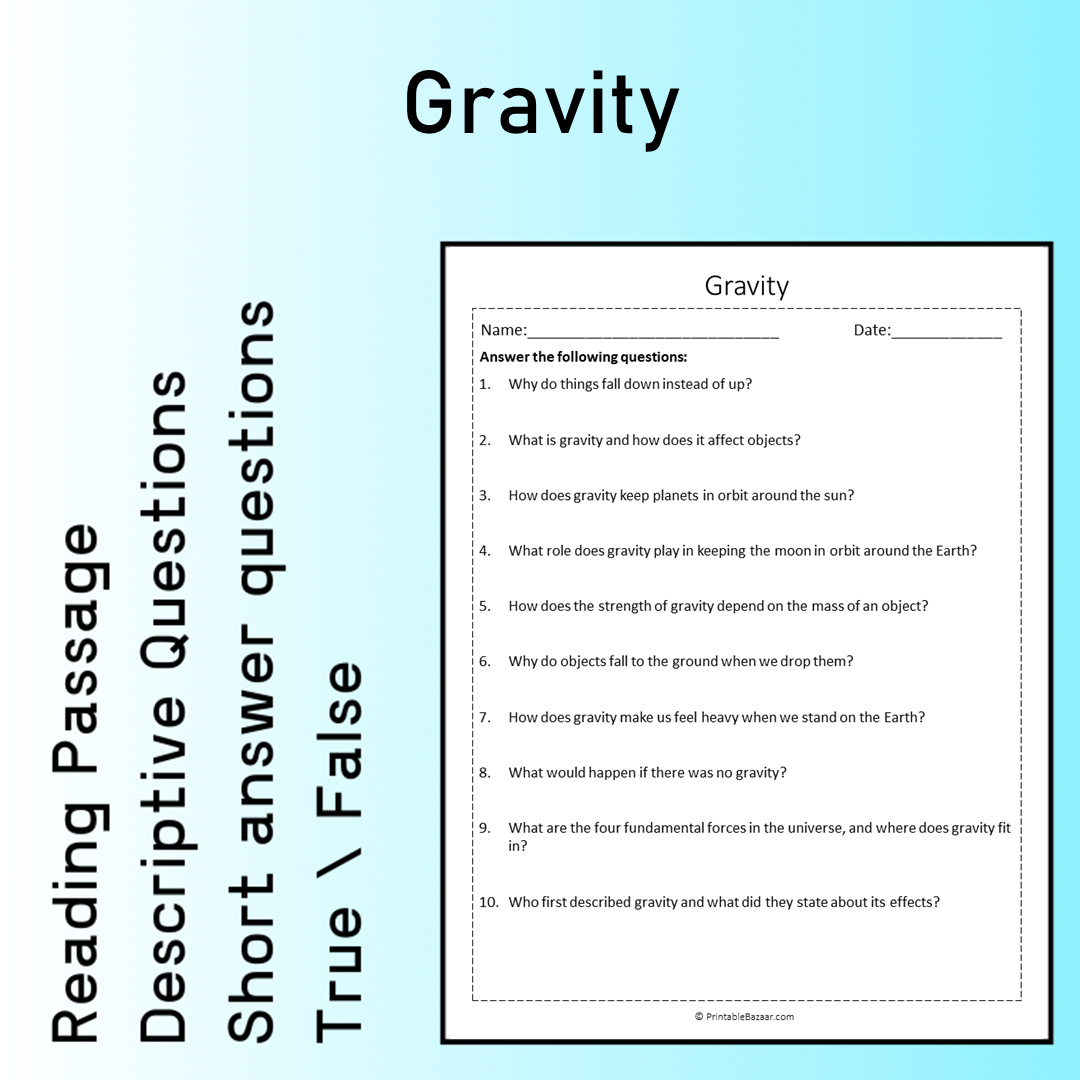 Gravity | Reading Comprehension Passage Printable Worksheet