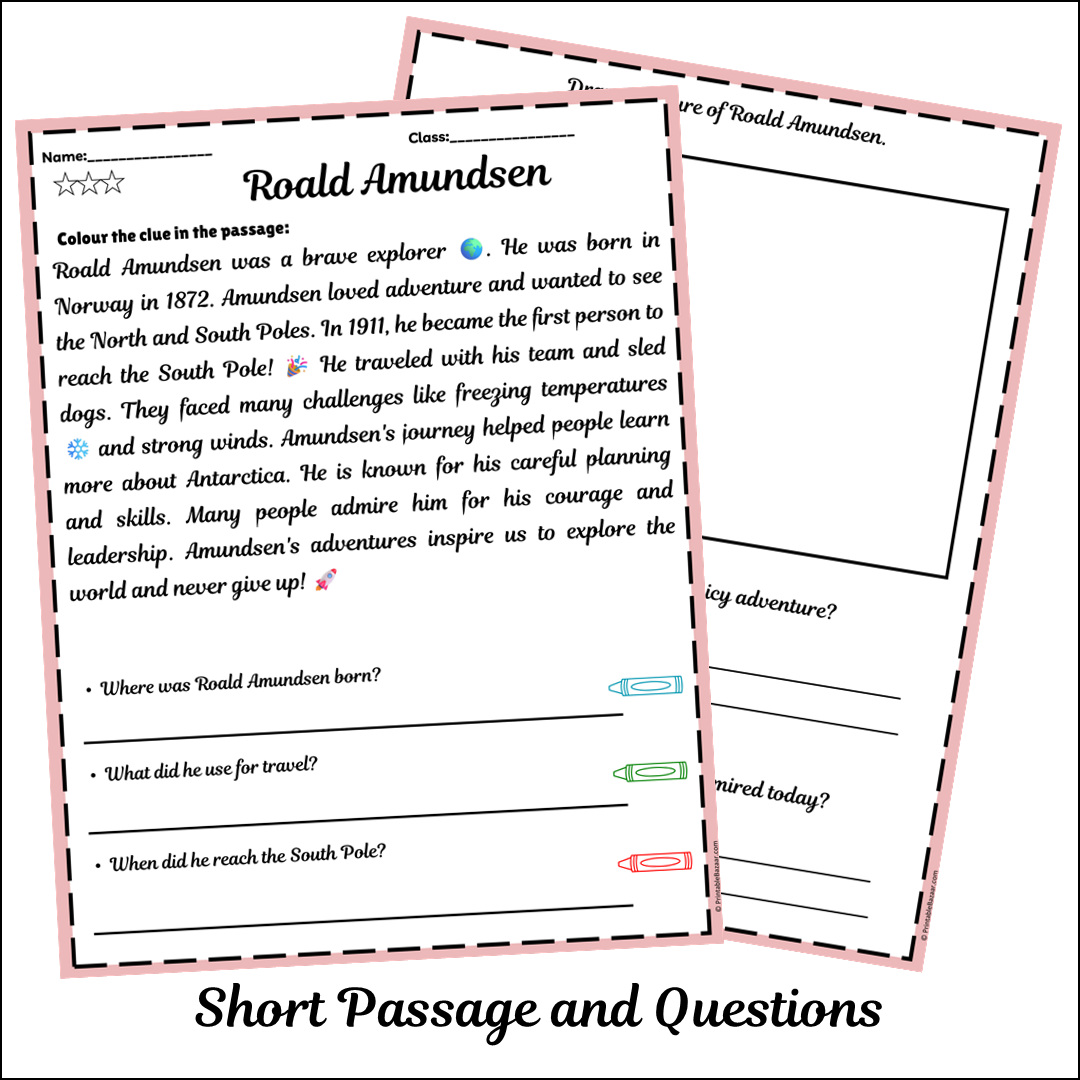 Roald Amundsen | Short Reading Comprehension Creative Worksheet