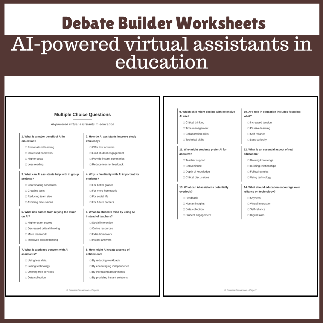 AI-powered virtual assistants in education | Favour and Against Worksheet Printable Activity