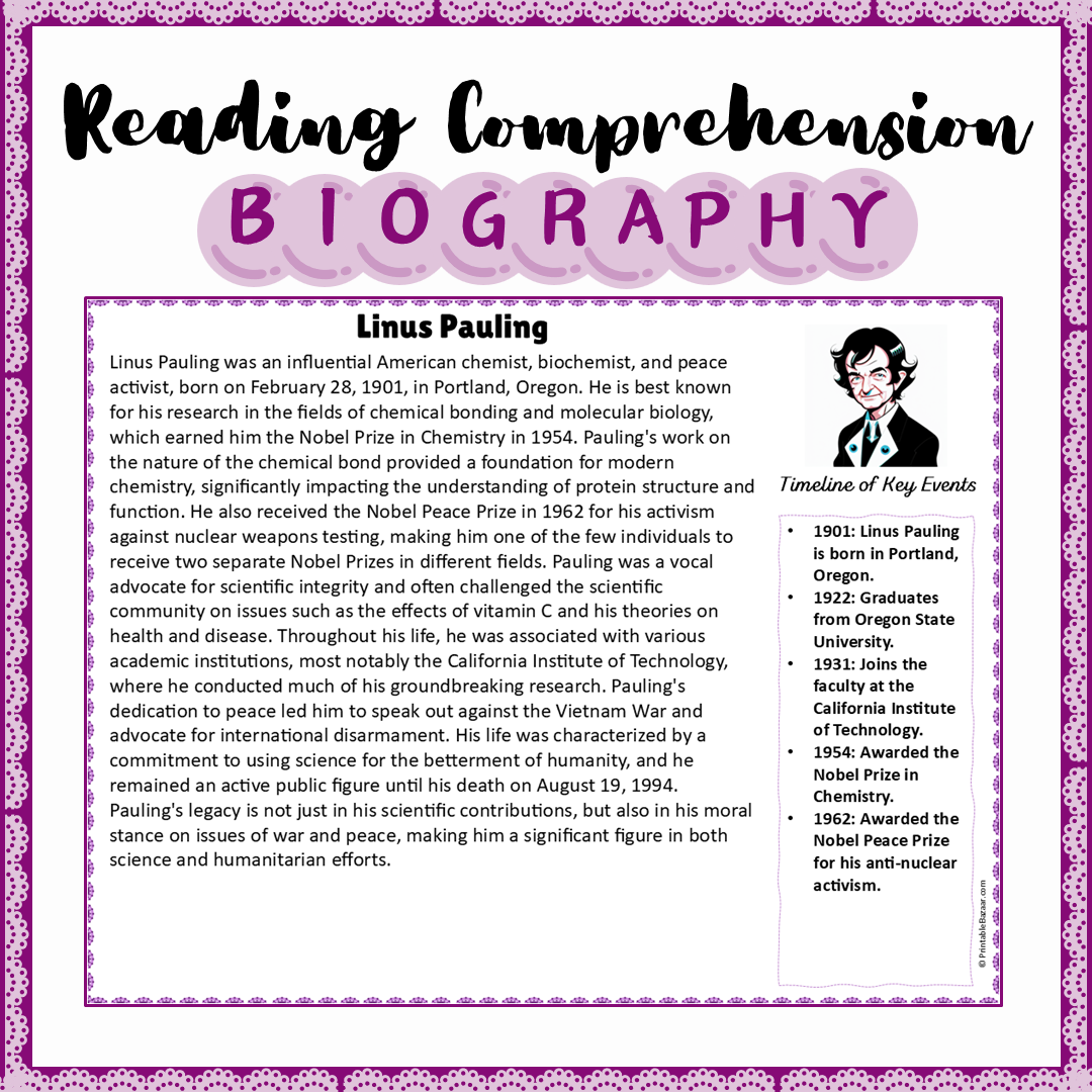 Linus Pauling | Biography Reading Comprehension and Questions Worksheet