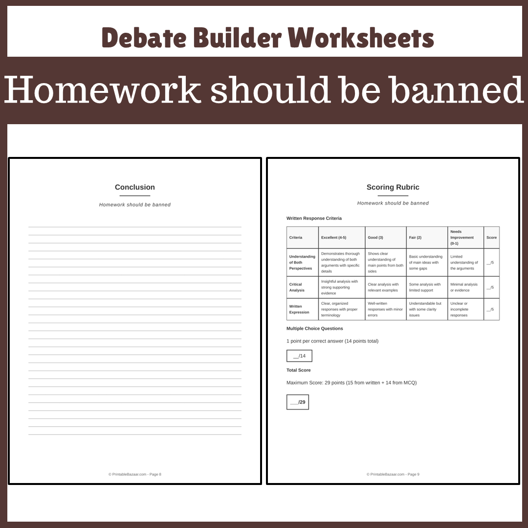 Homework should be banned | Favour and Against Worksheet Printable Activity