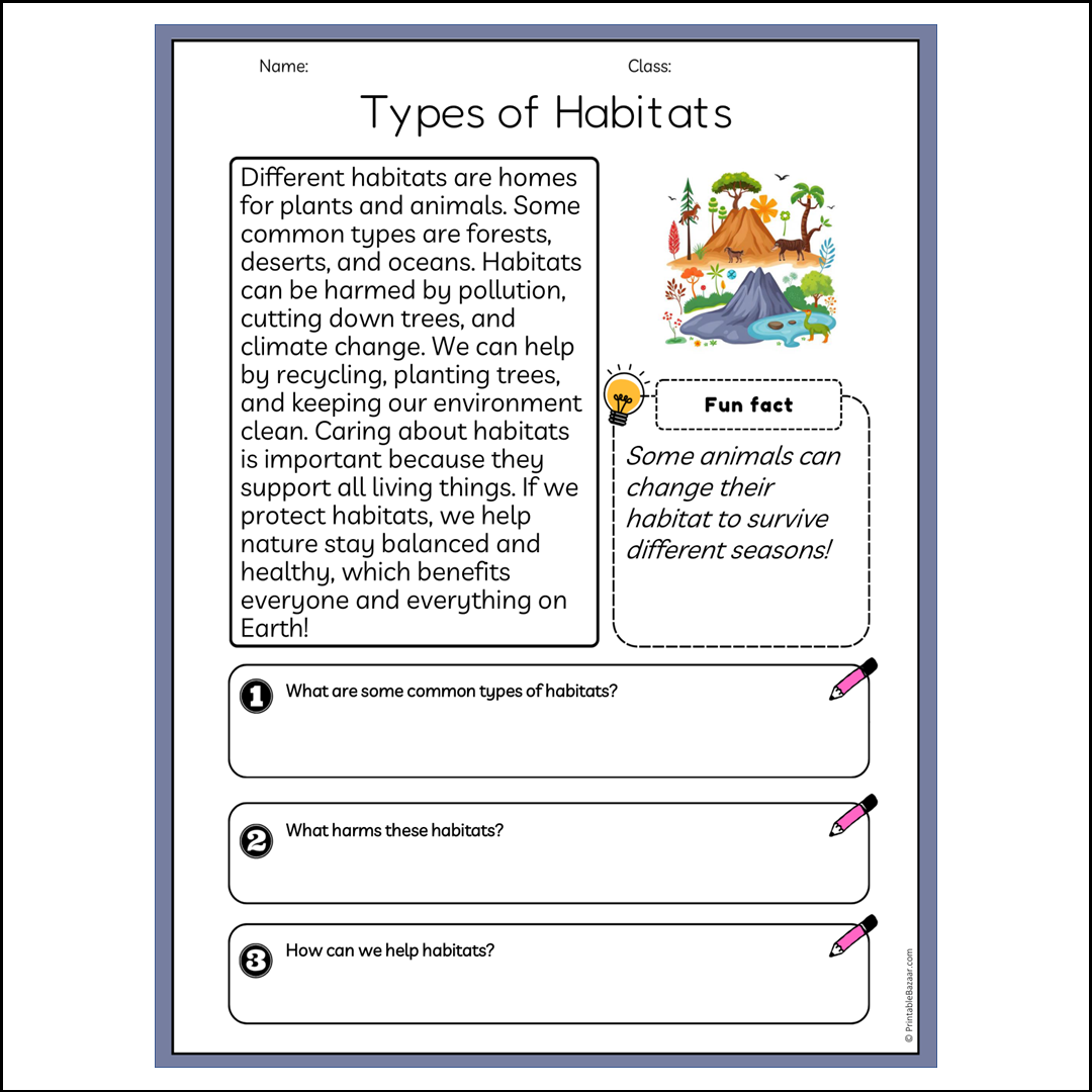 Types of Habitats | Reading Passage Comprehension Questions Writing Facts Worksheet