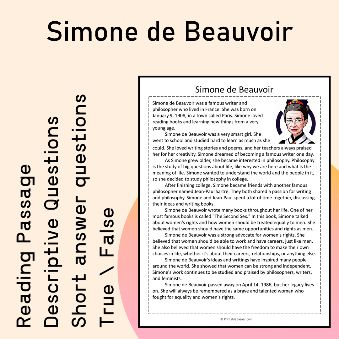 Simone de Beauvoir | Reading Comprehension Passage Printable Activity