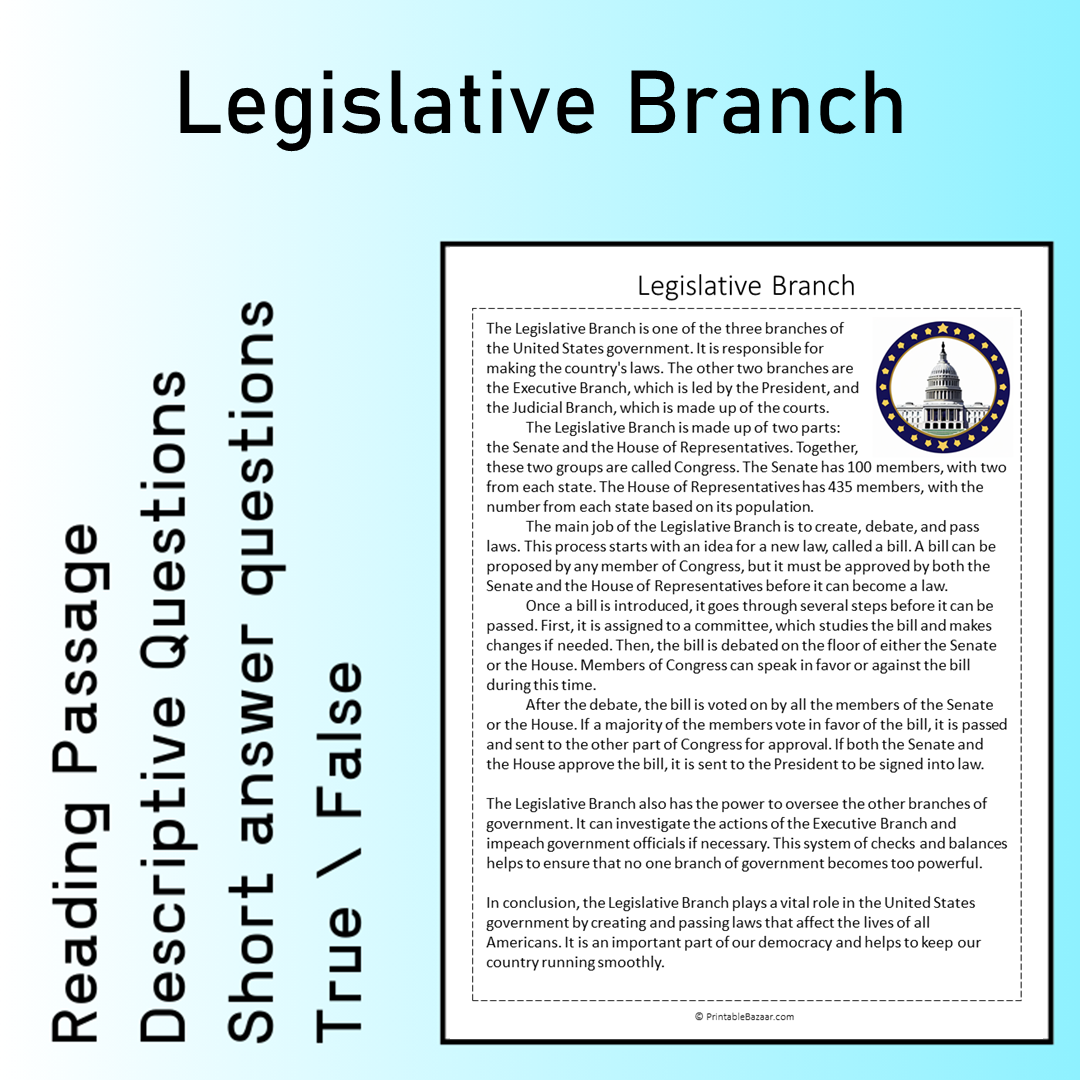 Legislative Branch | Reading Comprehension Passage Printable Worksheet