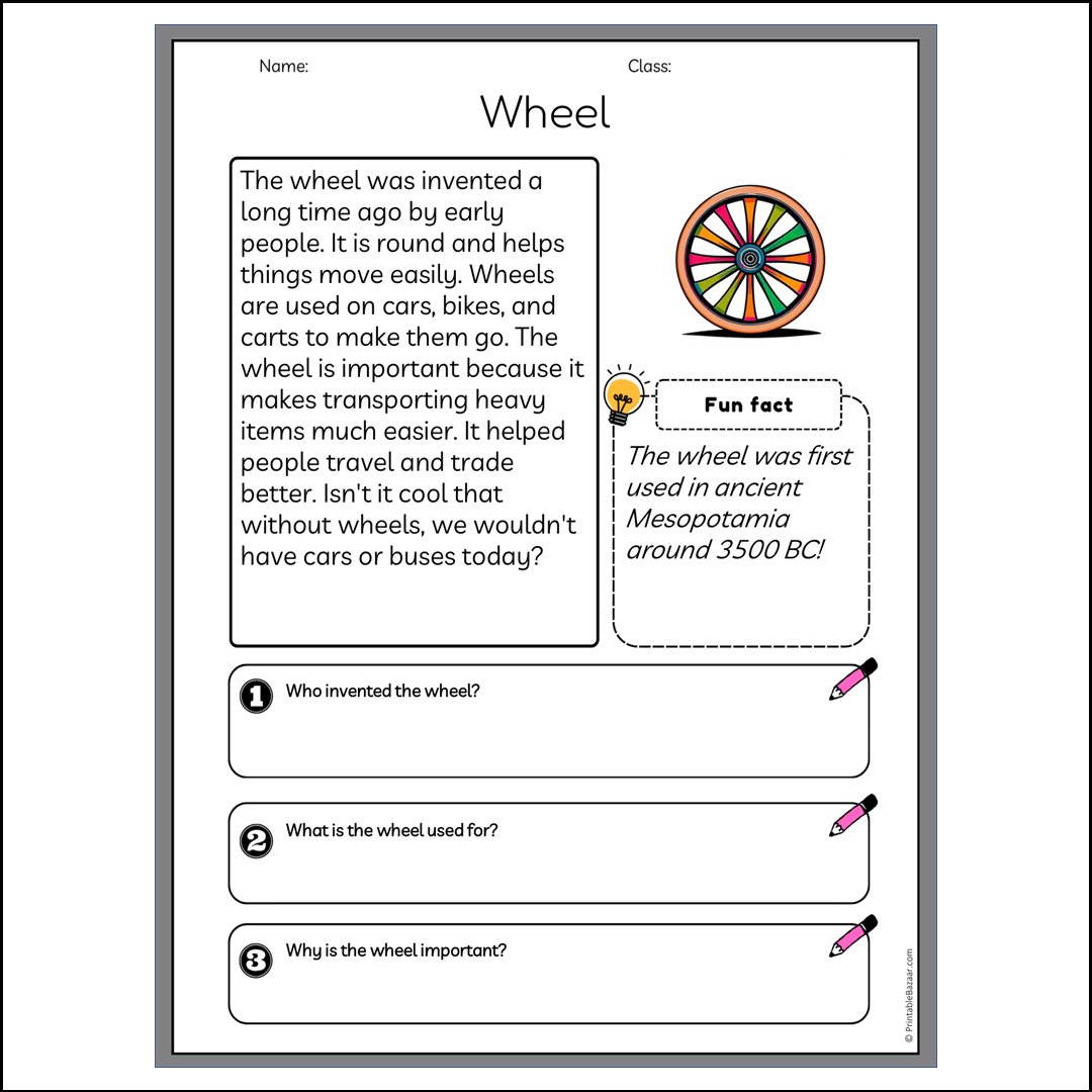 Wheel | Reading Passage Comprehension Questions Writing Facts Worksheet