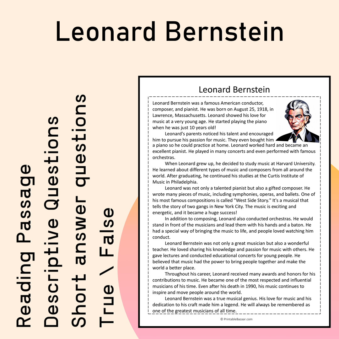 Leonard Bernstein | Reading Comprehension Passage Printable Activity