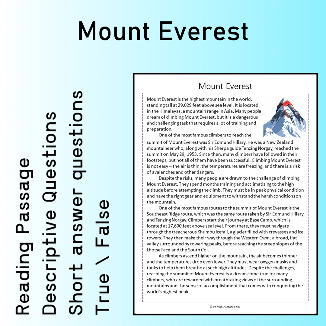 Mount Everest | Reading Comprehension Passage Printable Worksheet