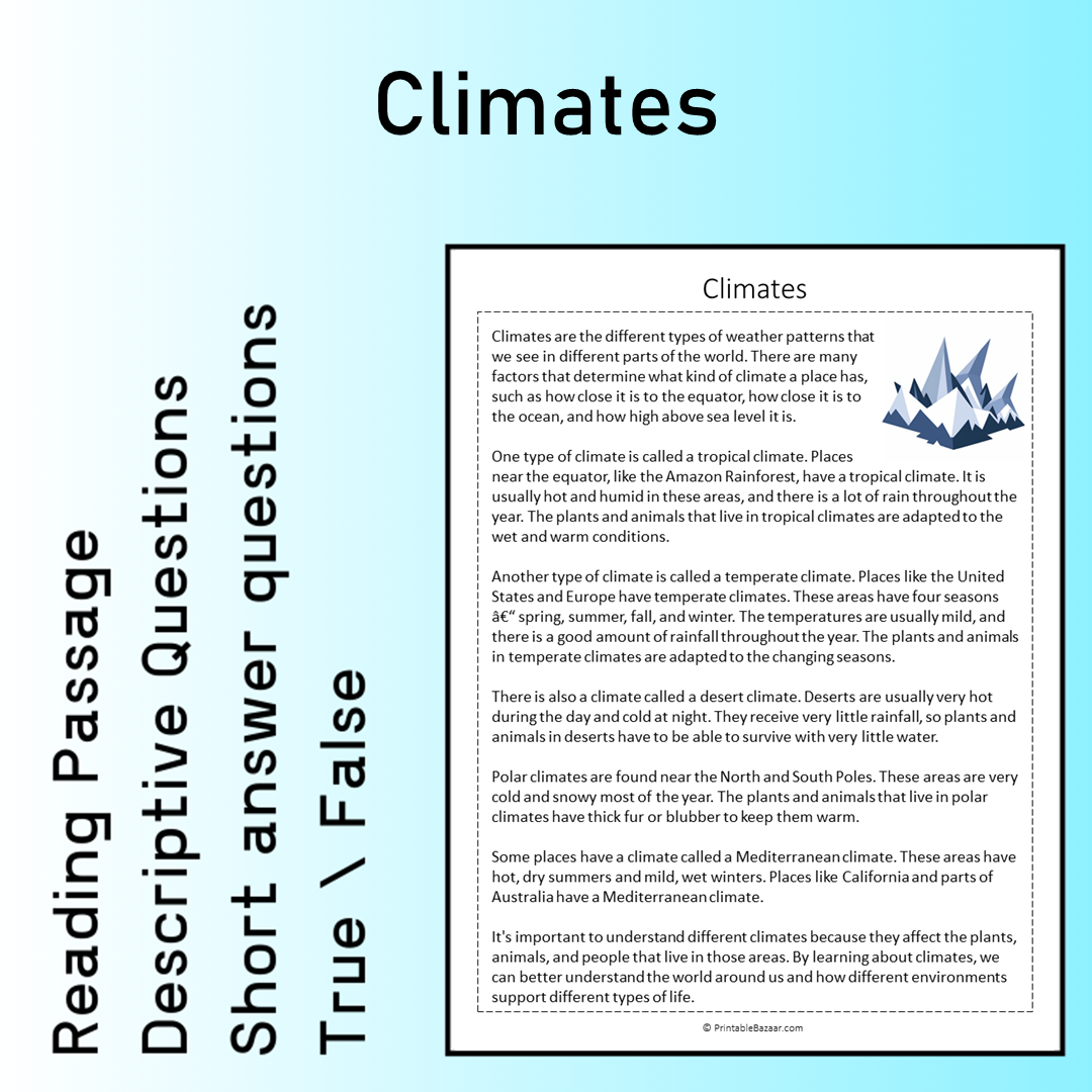 Climates | Reading Comprehension Passage Printable Worksheet