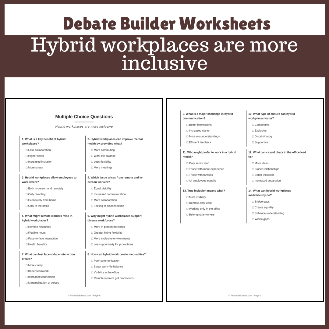 Hybrid workplaces are more inclusive | Favour and Against Worksheet Printable Activity
