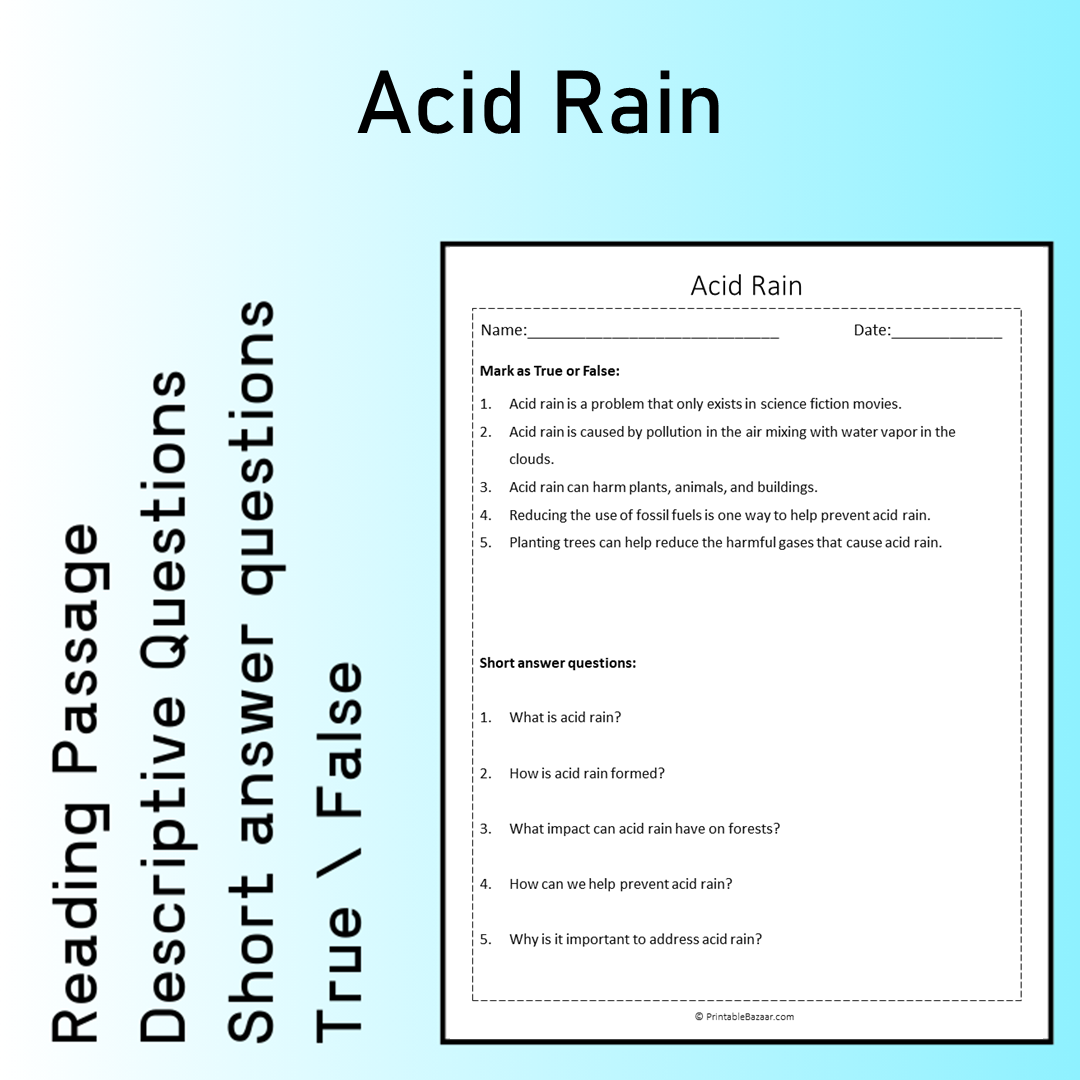Acid Rain | Reading Comprehension Passage Printable Worksheet