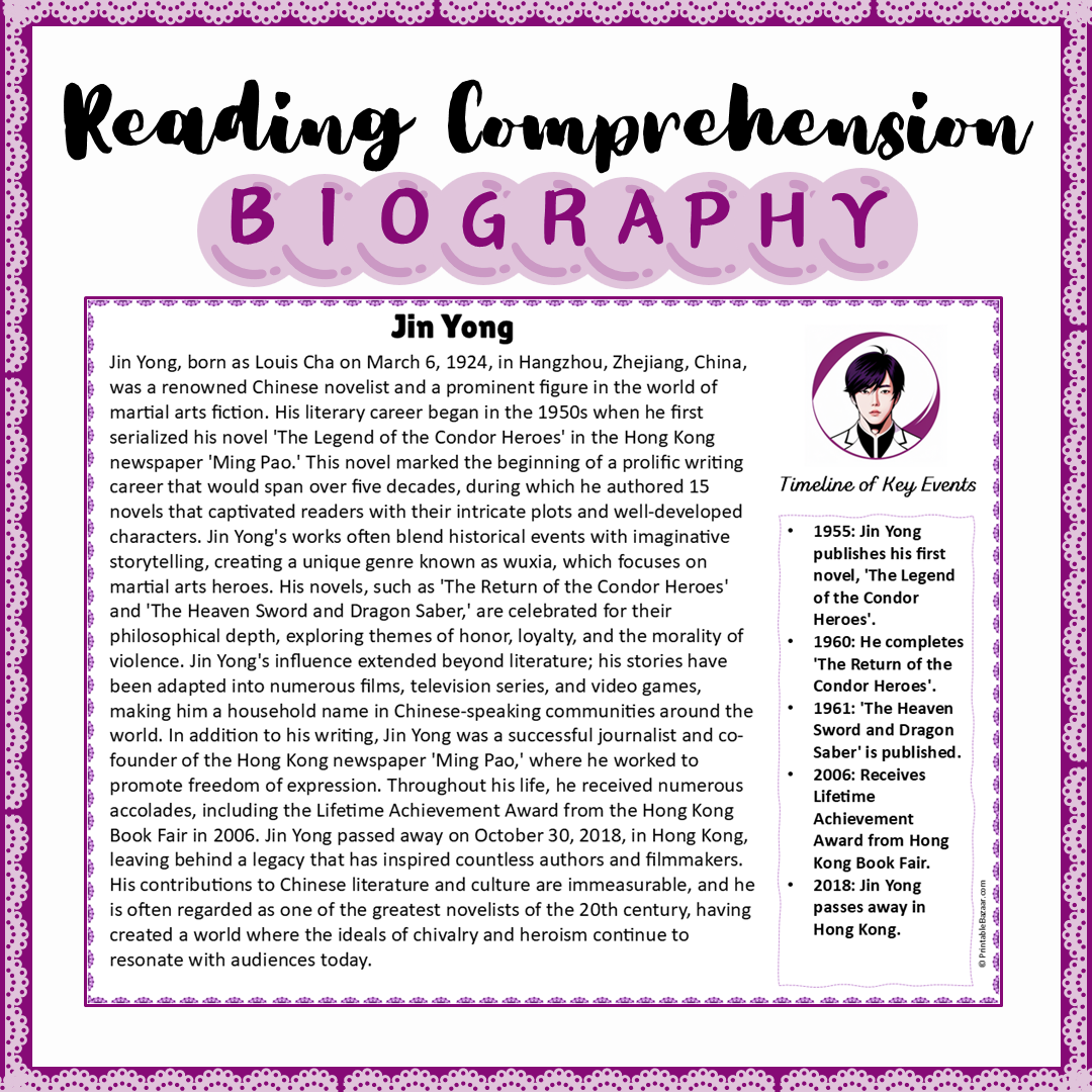 Jin Yong | Biography Reading Comprehension and Questions Worksheet