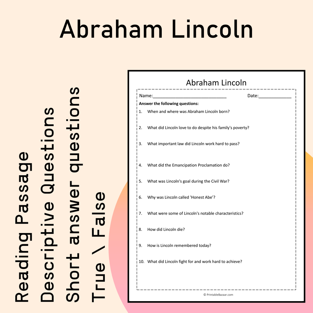 Abraham Lincoln | Reading Comprehension Passage Printable Activity