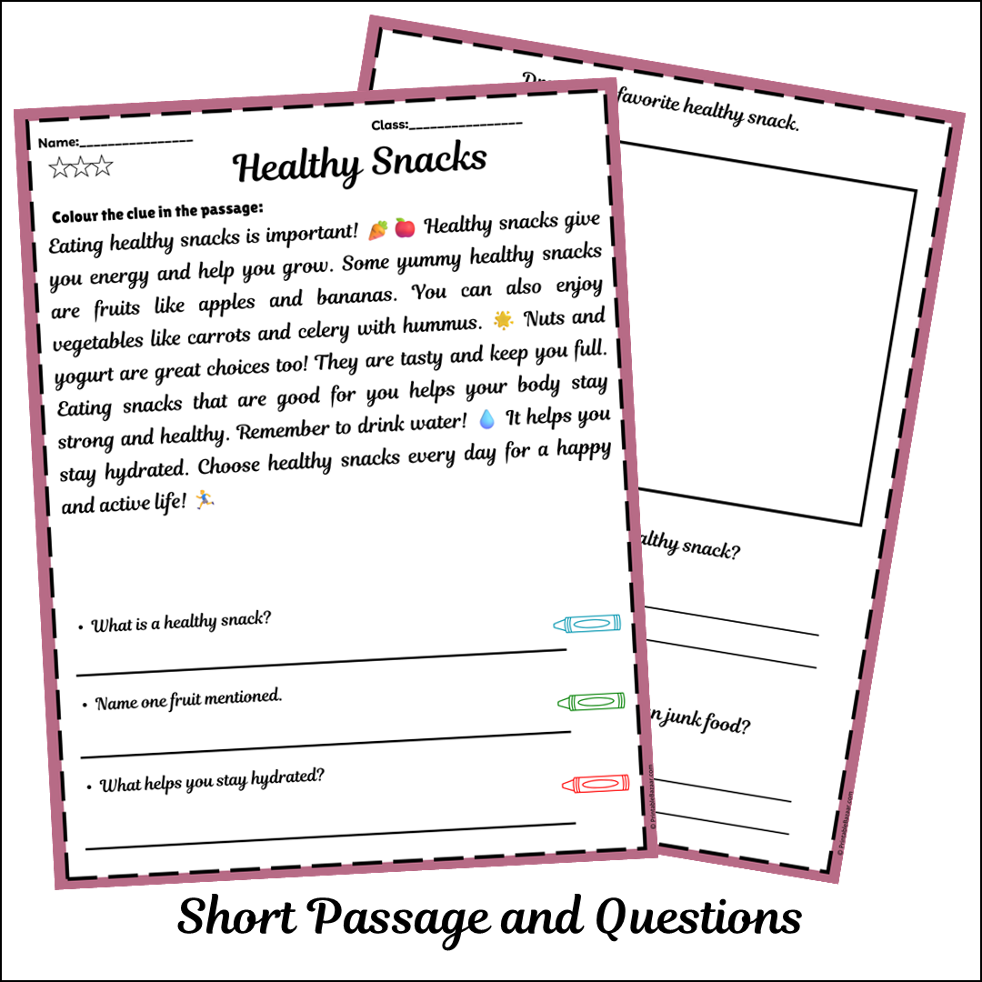 Healthy Snacks | Short Reading Comprehension Creative Worksheet