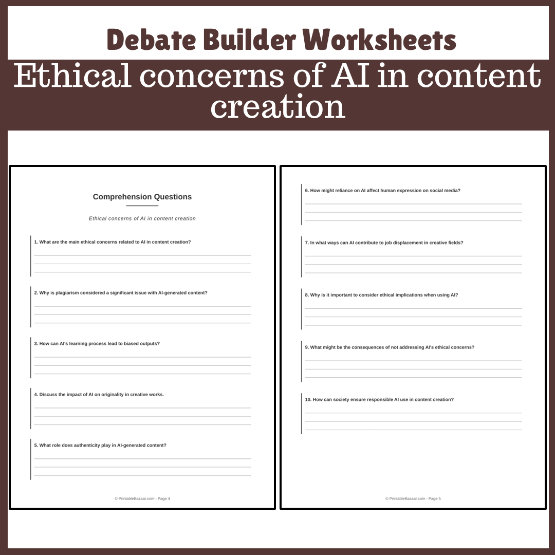 Ethical concerns of AI in content creation | Favour and Against Worksheet Printable Activity