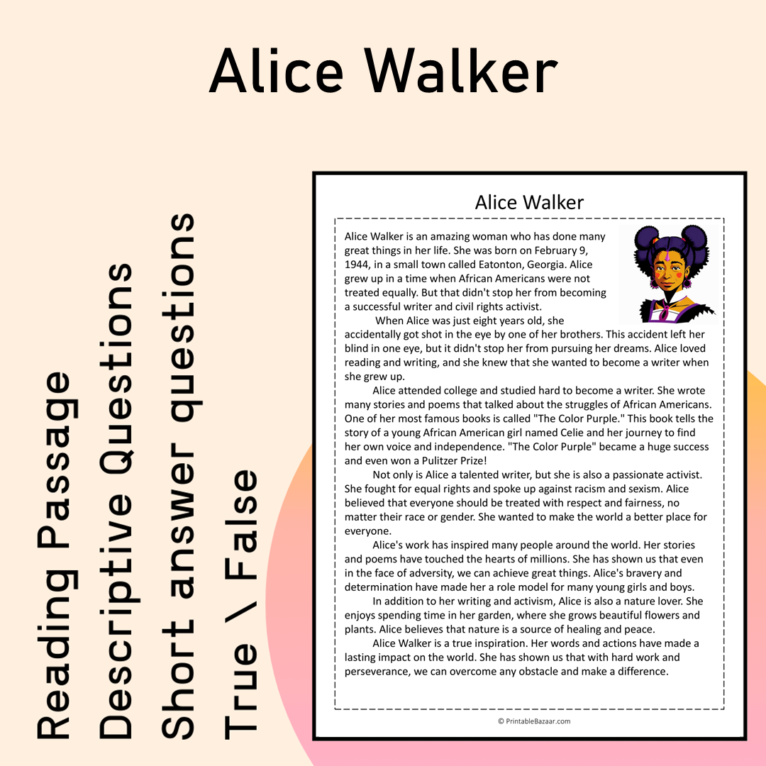 Alice Walker | Reading Comprehension Passage Printable Activity