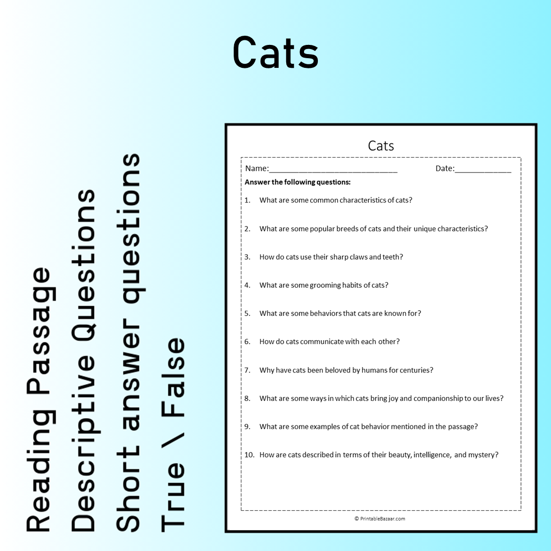 Cats | Reading Comprehension Passage Printable Worksheet