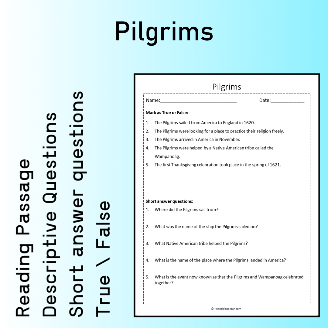 Pilgrims | Reading Comprehension Passage Printable Worksheet