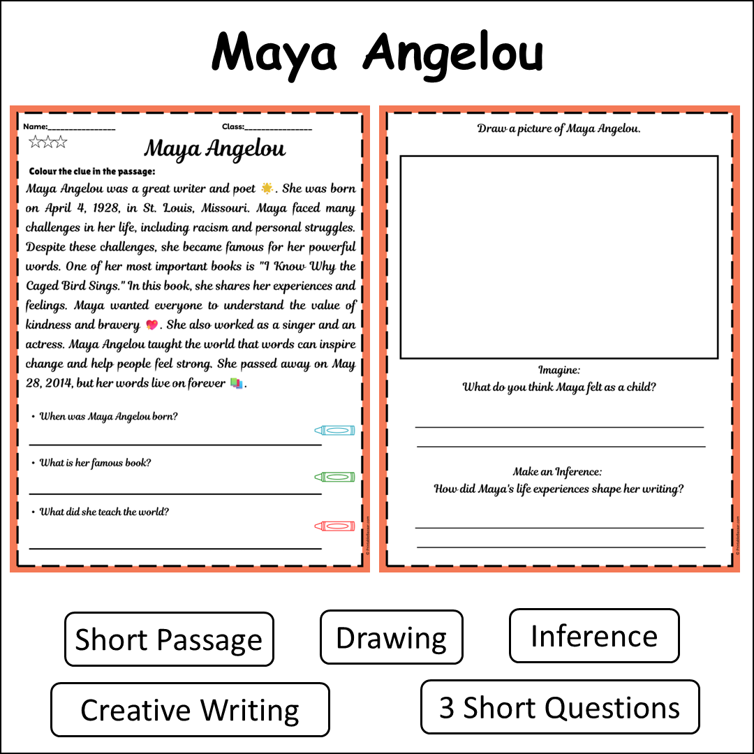 Maya Angelou | Short Reading Comprehension Creative Worksheet