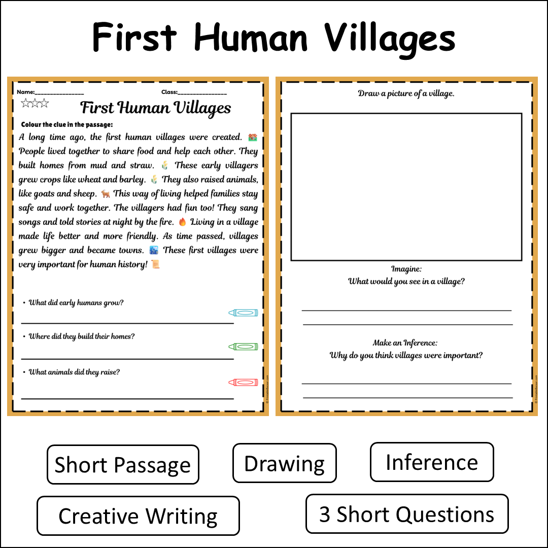 First Human Villages | Short Reading Comprehension Creative Worksheet