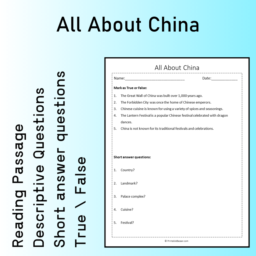 All About China | Reading Comprehension Passage Printable Worksheet
